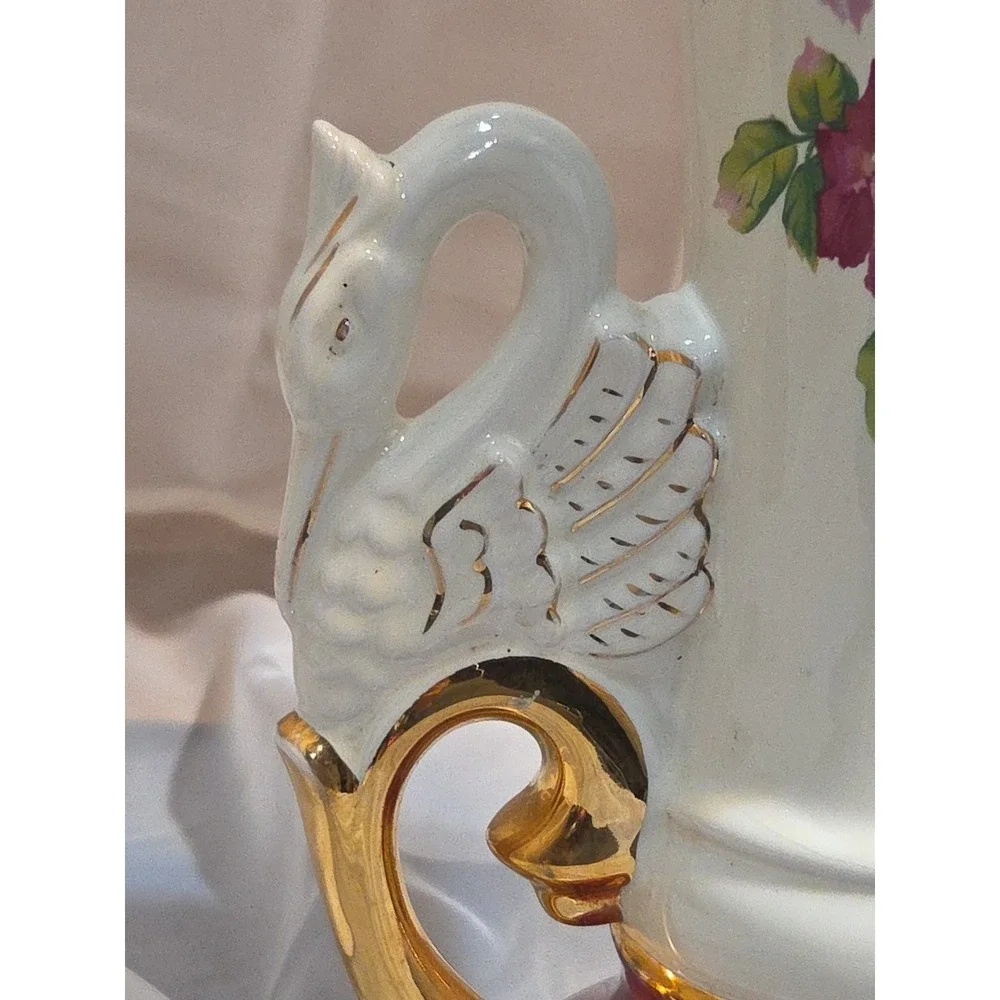 Victorian Style Lamp Worrall Roses Swans Gilded Ceramic 1940s Signed  Wescal Wrk